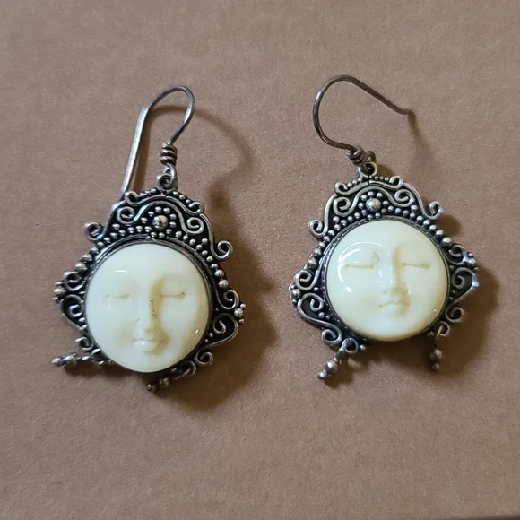Sterling Silver Moon, Goddess Face Dangle Earrings - Picture 1 of 6